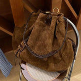 European And American Frosted Suede Bucket Type Backpack Retro Large Capacity Portable Single Shoulder Diagonal Cross Bag Trendy