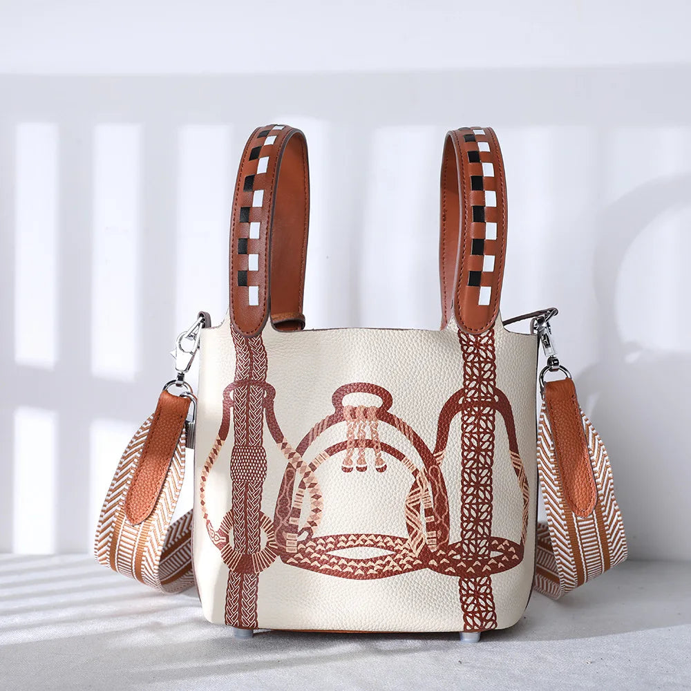 Purses and Handbags Bags for Women Painting Vegetable Basket Handbag Adjustable Shoulder Strap Genuine Leather Bucket Bag