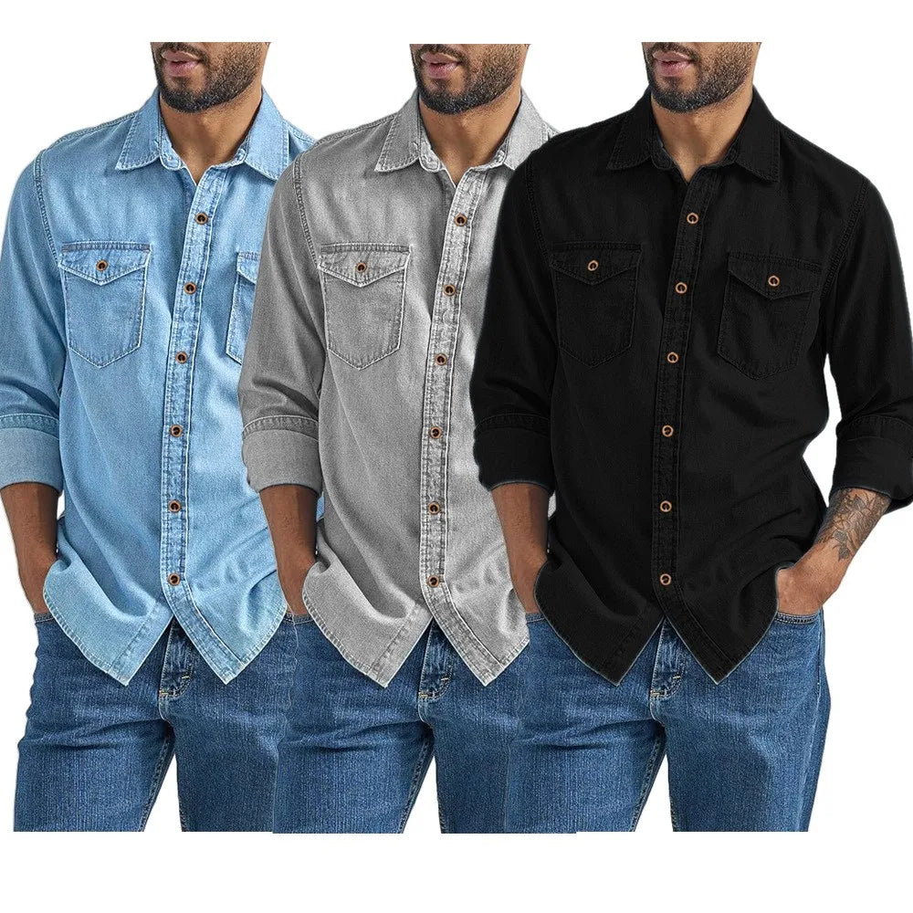 Men's Denim Shirt Slim Fit Light Blue Long Sleeve Casual Top with Two Chest Pockets Button Front Copper Buttons Washed Gray