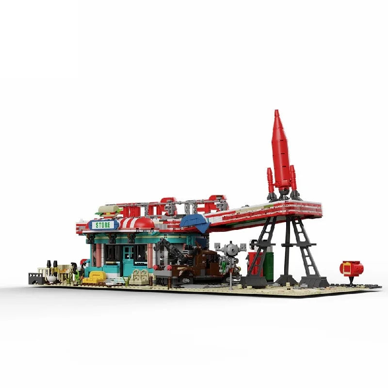 Movie Game Red Abandoned Gas Station Architecture Doomsday House Modular Building Blocks Model Kit Adult DIY Gift 2221PCS