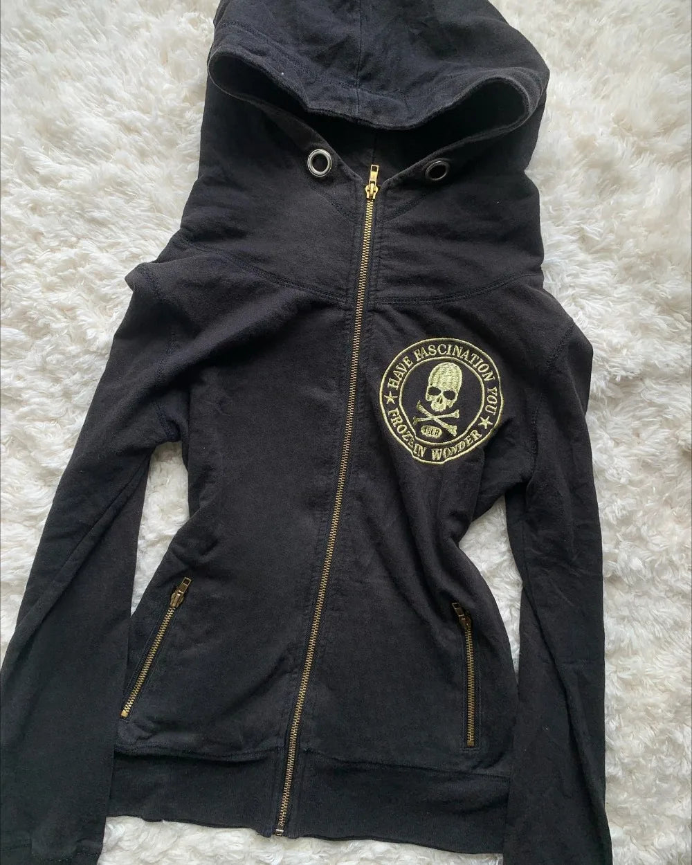 Y2K Retro Zipper Hoodies Women Harajuku Sexy Slim Fit Sweatshirt Autumn Skull Graphic Embroidery Hooded Jacket Gothic Clothing