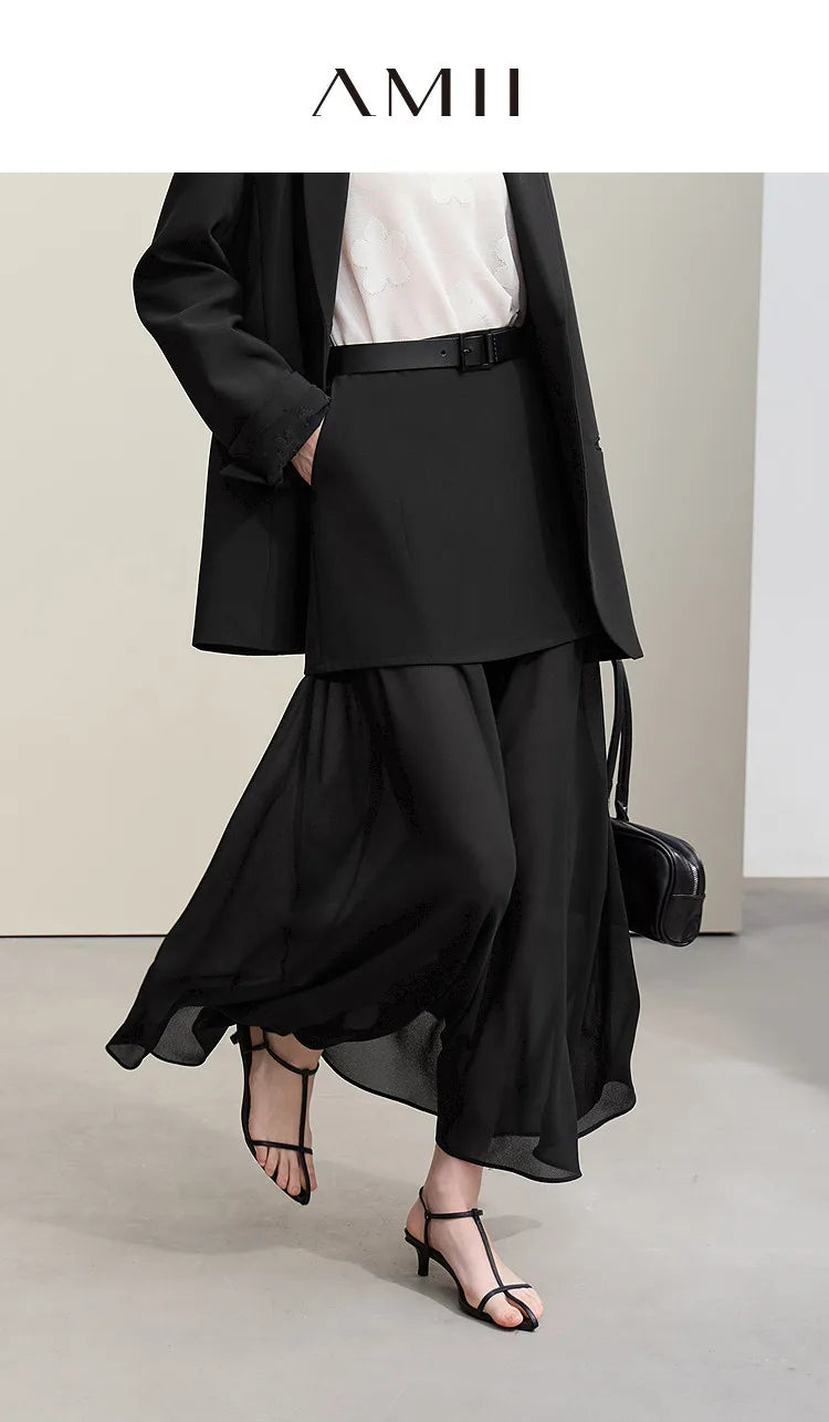 Amii Women's Skirt 2026 Autumn New Elegant Patchwork Chiffon Long Skirt Solid Color Straight Versatile Woman Clothes 12641047