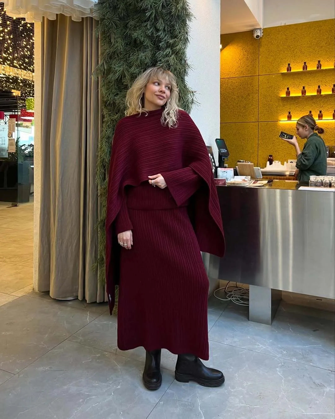 Hirsionsan Sexy Soft Elegant Vintage Women Suits 2 Pieces Female Sets Polo Neck Cardigan Sweater & Midi Dress Knitted TrackSuit
