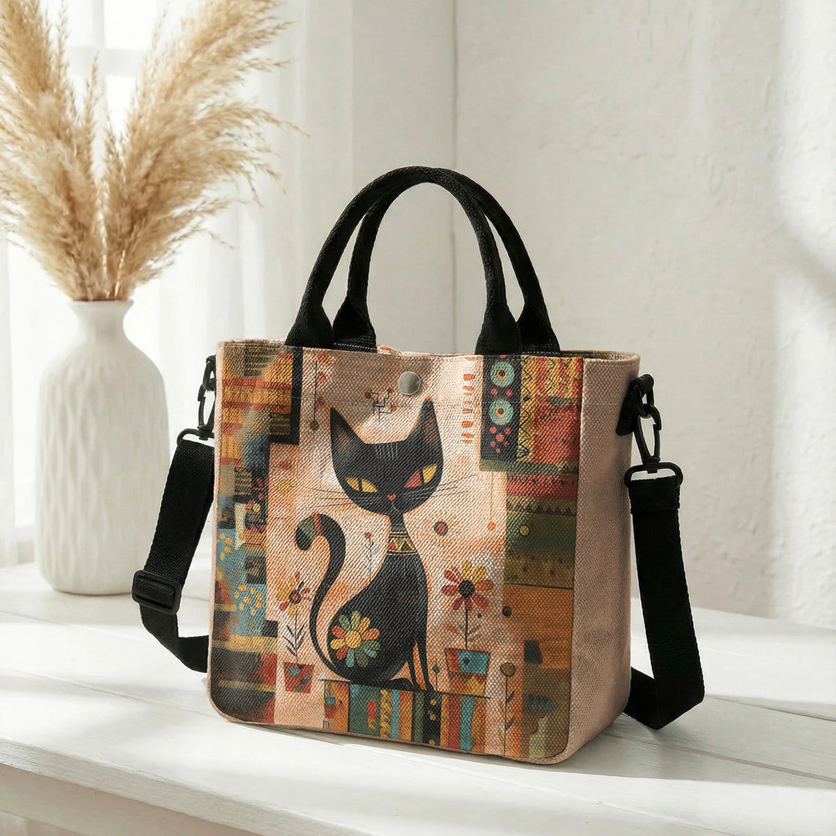 Abstract Geometric Floral Black Cat Art Print Tote Bag Detachable Strap Crossbody Handbag For Women Daily Shopping