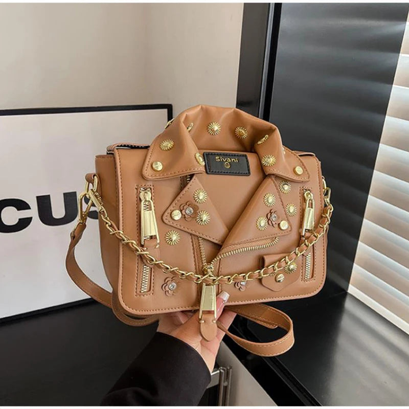 Jacket Collar Shaped Crossbody Shoulder Bag,Women Metal Flower Studded Handbag ,Niche Designer Streetwear Fashion Rivet Tote Bag