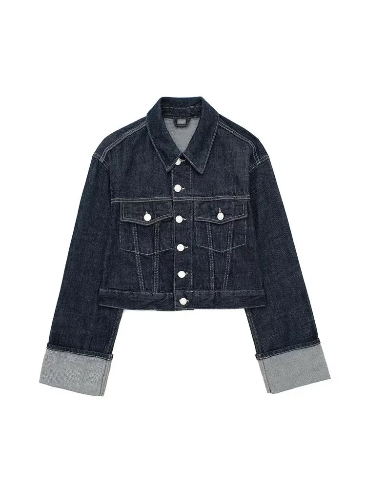 Vintage Denim Blue Jacket – Chic Single-Breasted Outfits with Pockets