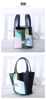 Purses and Handbags Bags for Women Painting Vegetable Basket Handbag Adjustable Shoulder Strap Genuine Leather Bucket Bag