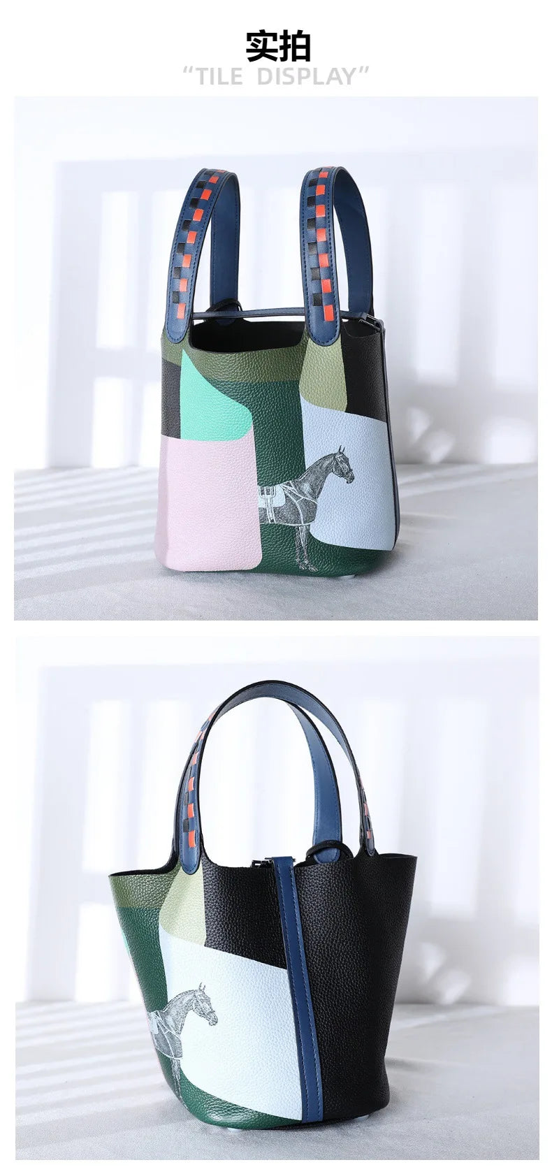 Purses and Handbags Bags for Women Painting Vegetable Basket Handbag Adjustable Shoulder Strap Genuine Leather Bucket Bag