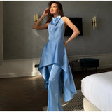 Elegant Women's Satin Halter Spliced Long Top Pants Set Sleeveless Backless Swing Collar Top Straight Leg Pant 2026 Fashion Suit