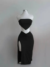 Strapless Backless Crop Top High Waist Skirt 2 Piece Set Women Summer Sexy Slim Fit Split Midi Dress Tube Suits Party Club Sets