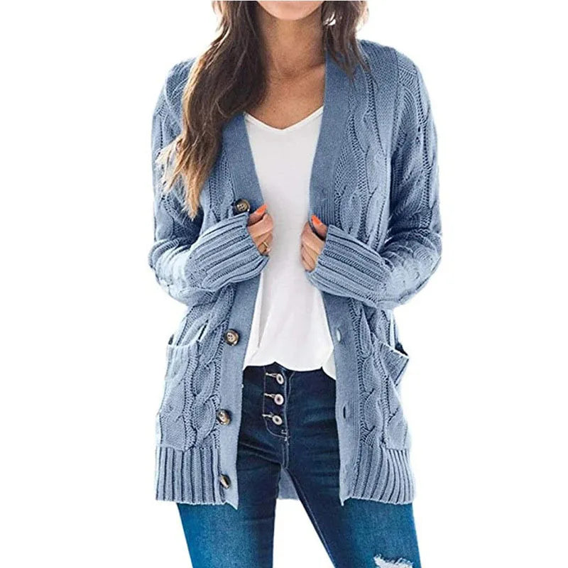 Women's V-Neck Button-Down Cardigan – Soft Loose Fit Knitted Sweater Jacket