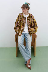 ELFSACK 2025 Gold Velvet Jacket Women's Winter Short Coat, Embroidered Goldfish Chinese Style Vintage Loose Padded Jacket