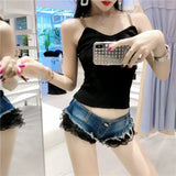 Women's Y2K Low-Waist Lace Denim Shorts - Sweet & Spicy Style