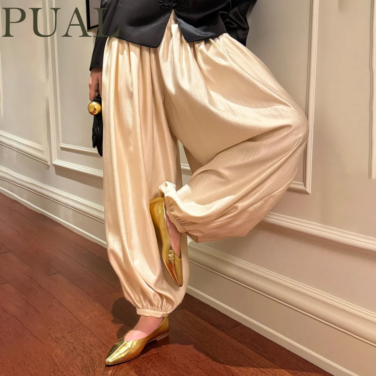 Women's Satin Lantern Pants with Pleated Detail