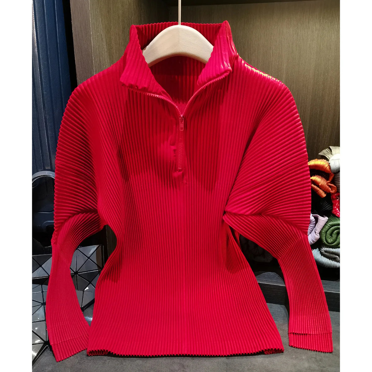 Miyake Pleated Sweatshirt Pit Stripe Zipper Standing Collar Jacket Women 2025 New Casual Pullover Hundred Pleat Skinny Tops