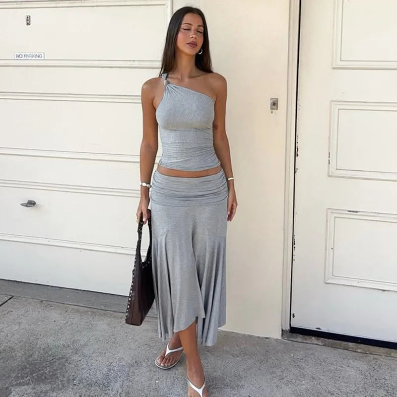 Tossy Fashion Pleated 2 Piece-Set Long Skirt For Women Off-Shoulder Cropped Pullover Top And Slim Long Skirt Sets Female Outfits