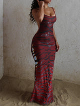 Wild Elegance: Women’s Tiger Stripe Backless Maxi Dress