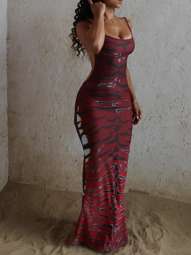 Wild Elegance: Women’s Tiger Stripe Backless Maxi Dress