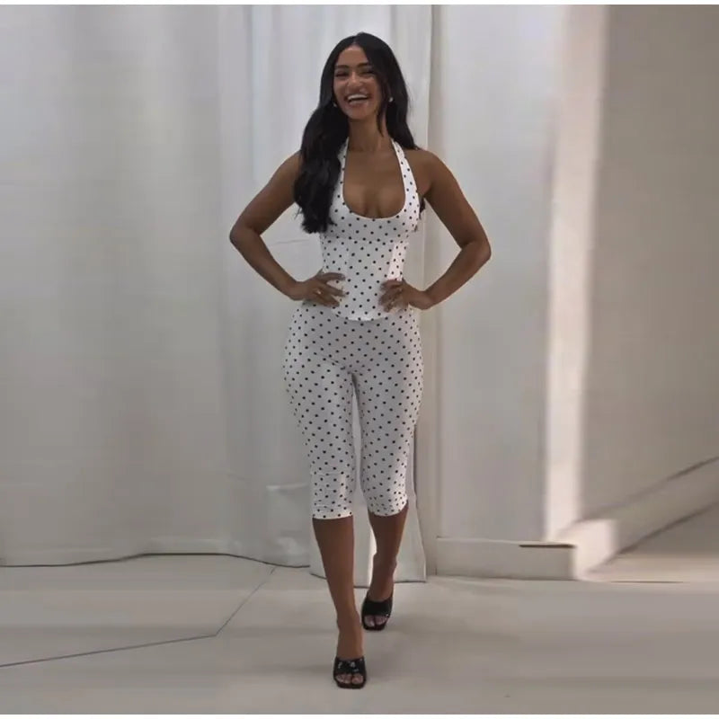 Fashion Polka Dot Two-pieces 7-inch Pants Sets Women's Slim Halter Waist-cinching Tops Hip-wrap Pant 2026 New Ladies Solid Suit