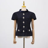 VGH Chic Two Piece Sets for Women Stand Collar Short Sleeves Spliced Pocket Tweed Top High Waist Maxi Skirts Vintage Suit Female