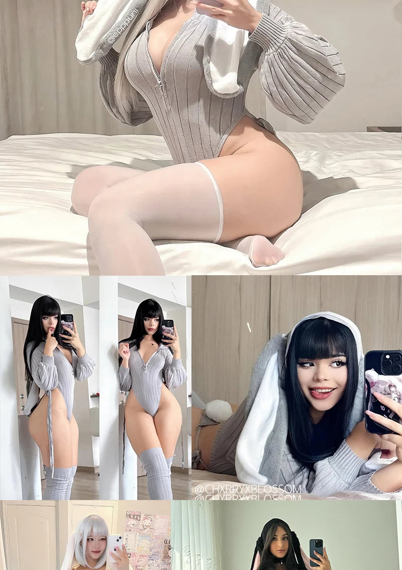 Heart Zipper Bunny Jumpsuit - Cute Knitted Bubble Sleeve Pajamas with Plush Tail