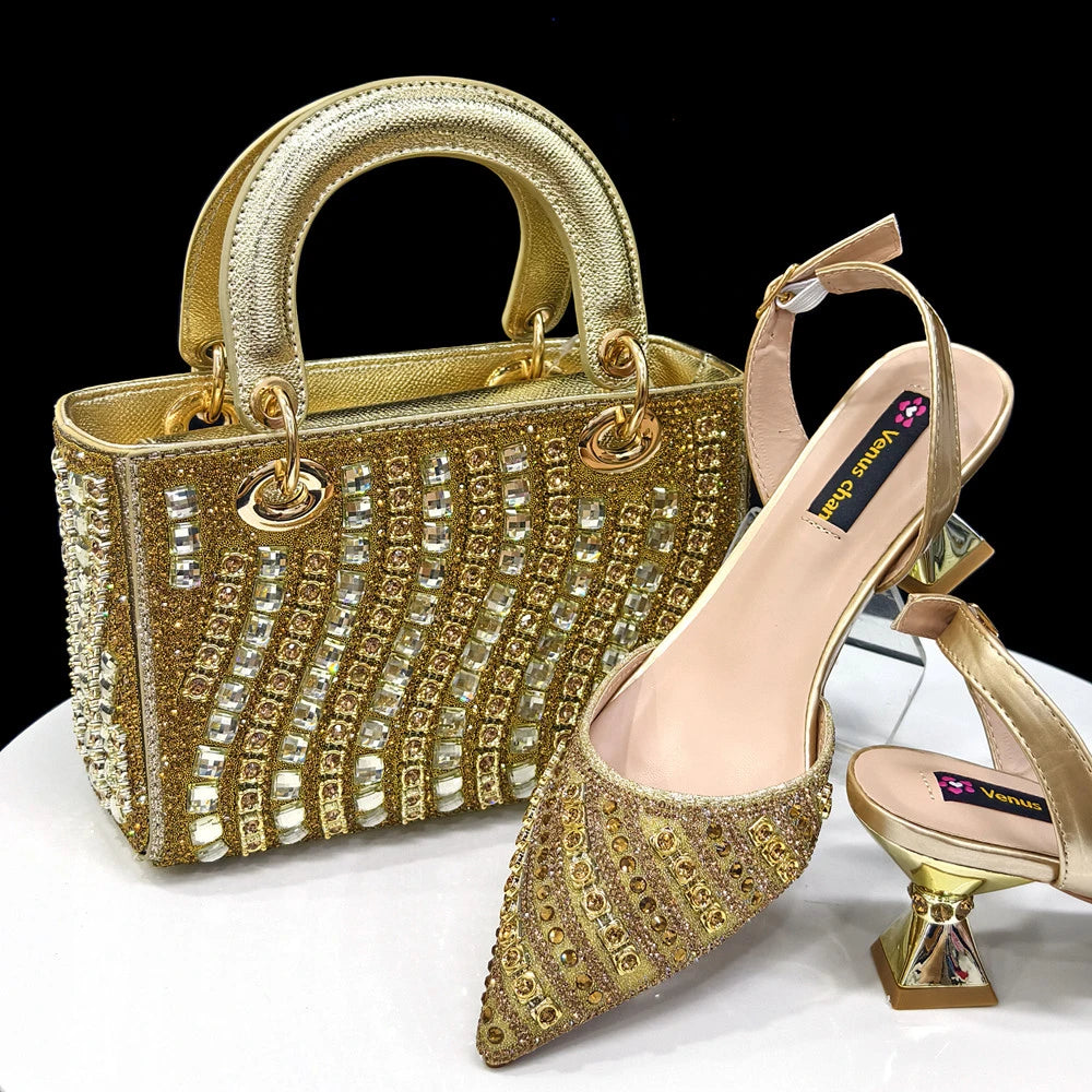 Rhinestone Pointed-Toe Slingback Heels & Bag Set