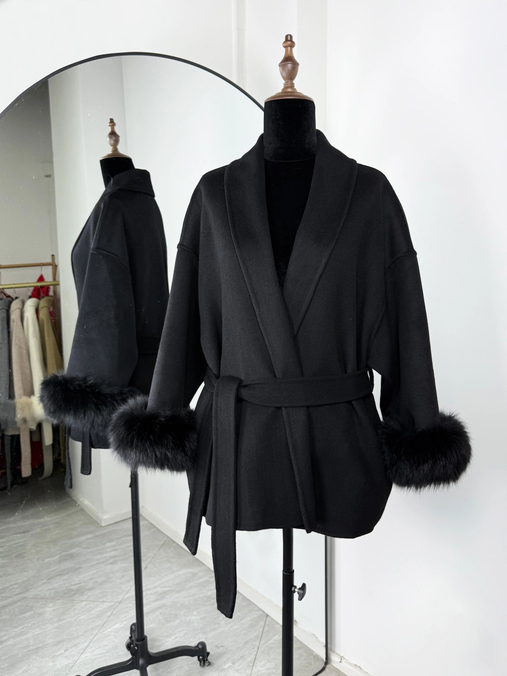Elegant Fox Fur & Double-Sided Wool Coat