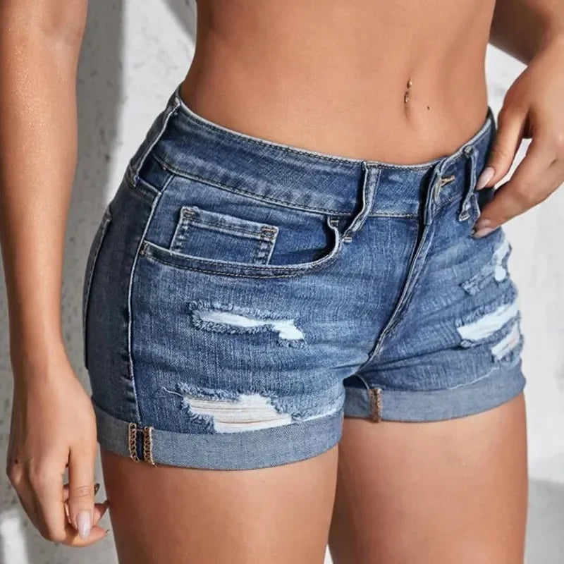 Women’s Mid-Waist Distressed Denim Shorts – Slim Fit Summer Beach Wear