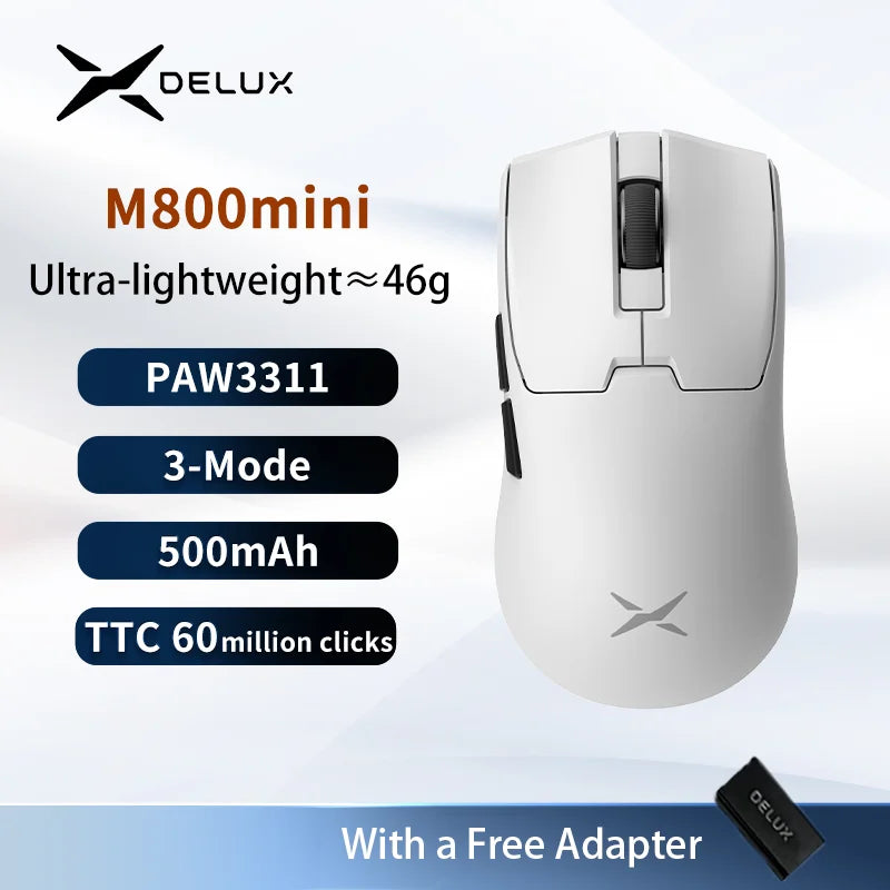 Delux M800mini Wireless Gaming Mouse, 46g Lightweight,PAW3311,1KHz Polling Rate Recharge Mice for Small to Medium Hand PC Gamer
