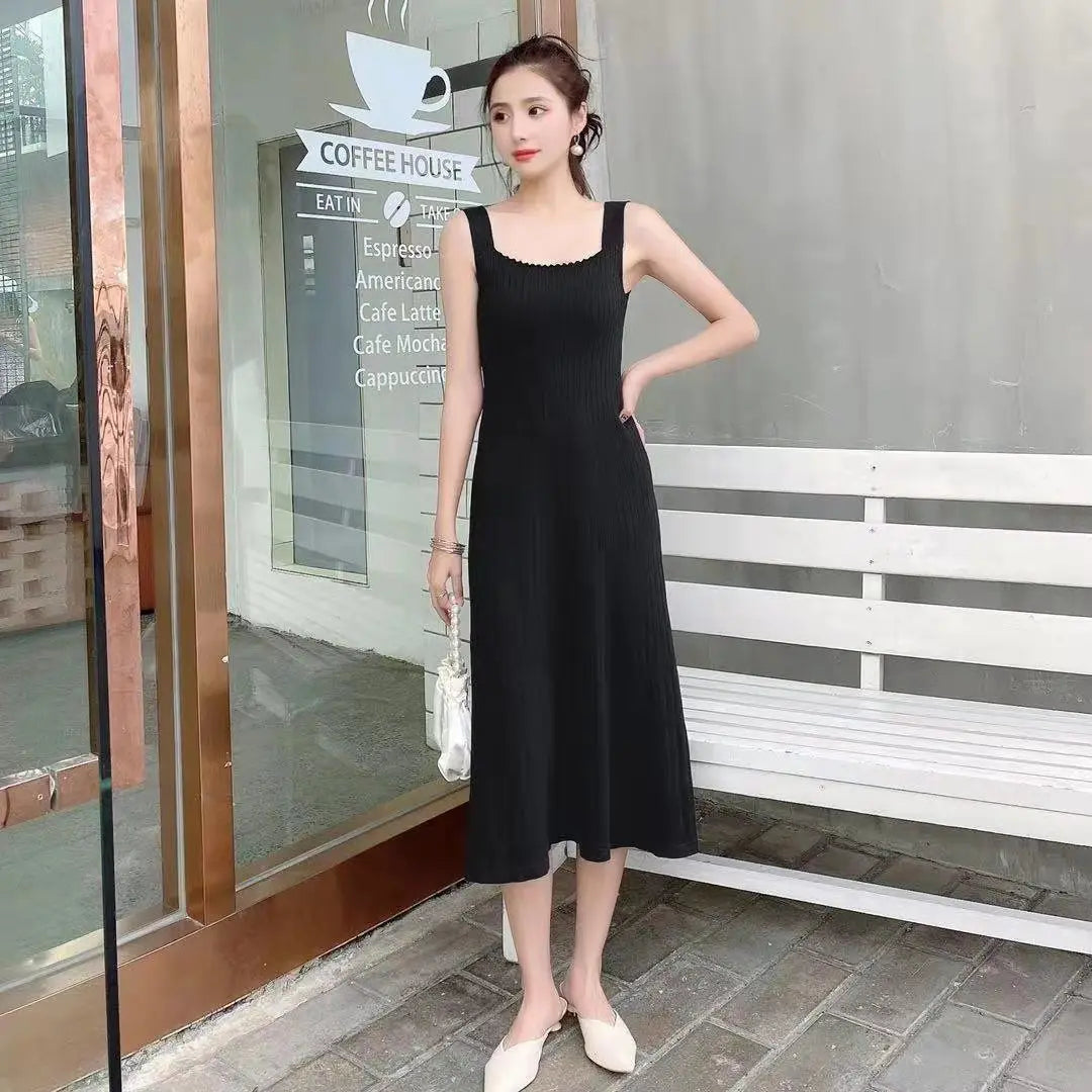 Women's Spring Autumn Long Split Sweater Sling Dress Two Piece Set Lady Graceful Black Knit Clothing Sleeveless Dresses Outfits