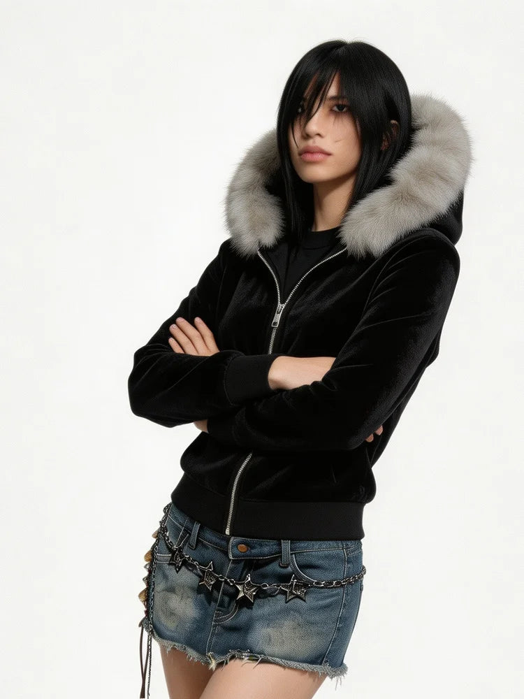 Autumn and Winter Women's Y2K GOTH Zipper Hoodie, Hairy Neck Hat, Slim Fit Long Sleeved Coat, Daily Punk Street Wear Coat