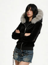 Autumn and Winter Women's Y2K GOTH Zipper Hoodie, Hairy Neck Hat, Slim Fit Long Sleeved Coat, Daily Punk Street Wear Coat