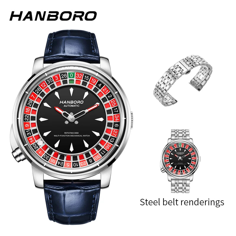 HANBORO Men's Fully Automatic Mechanical Watch Casino Wheel Rotating Dial Luxury Rose Gold Unique Personalized Watch