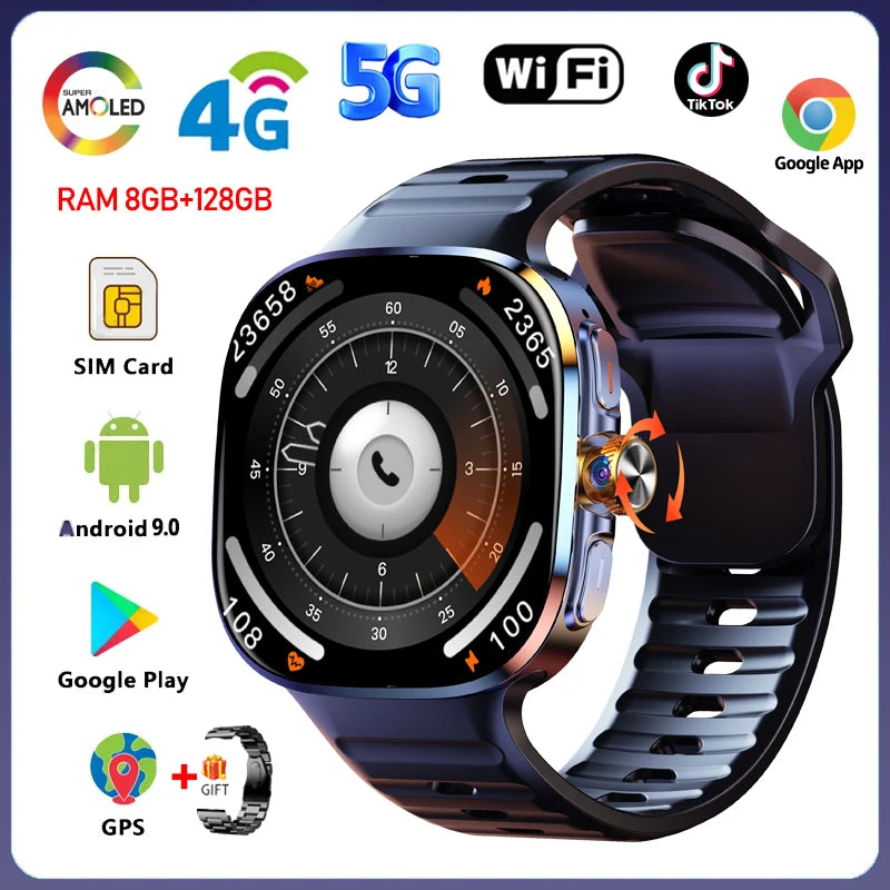 8GB+128GB RAM 4G/3G Smart Watch 2.40 inch AMOLED 2100mah Battery 900W Camera GPS WIFI Google APPS Download Smartwatch Android 10