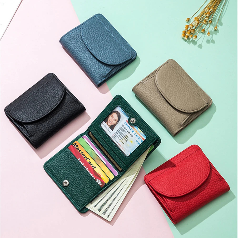 New Women Genuine Leather Mini Wallet RFID Folding Simple Ultra-thin Small Soft Cowhide Wallet Female Card Holder Coin Bags