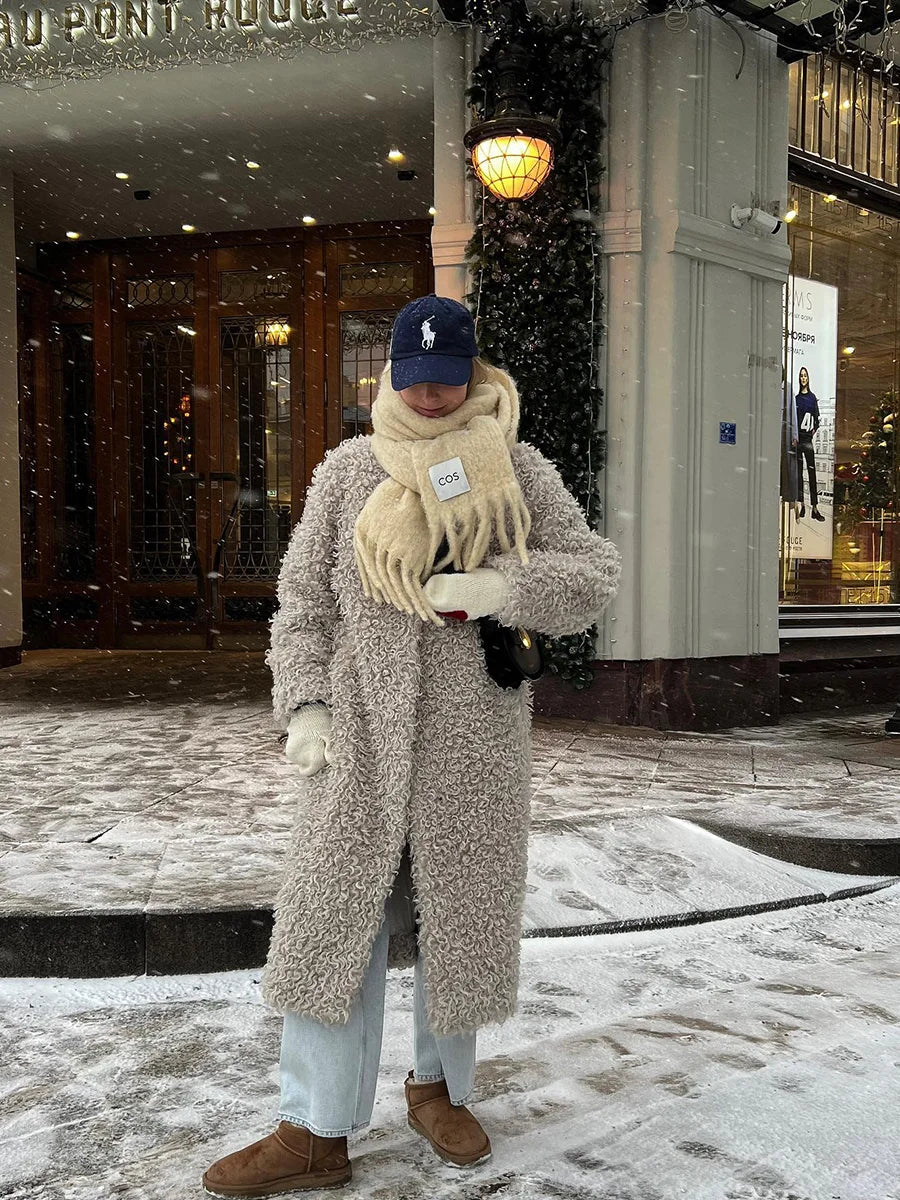 Gray Wool-Blend Faux Fur Maxi Coat