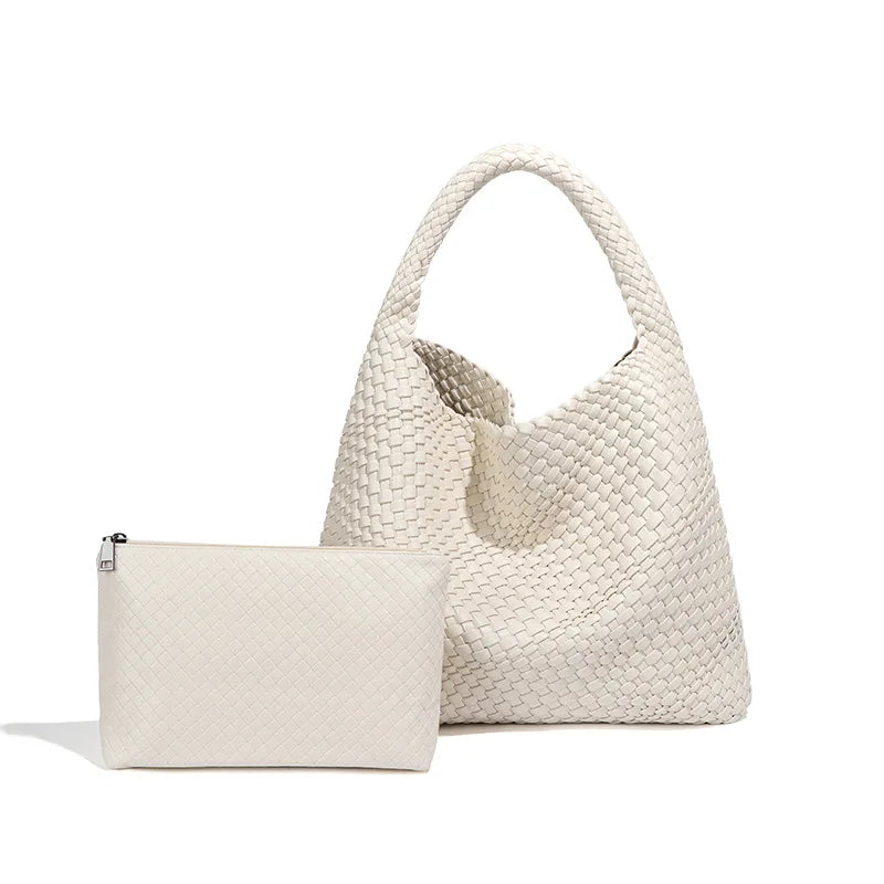2025 Women Bag Luxury PU Leather Handbag Lady Fashion Handmade Knitting Tote Female Hand-woven Basket Shoulder Bag with Purse