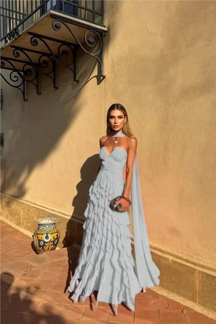 Halter Sweetheart Ruffle Chiffon Evening Gown | Maxi Dress