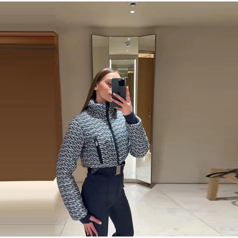 Elegant Geometric Print Ski Jumpsuit - High-Waist Winter Romper