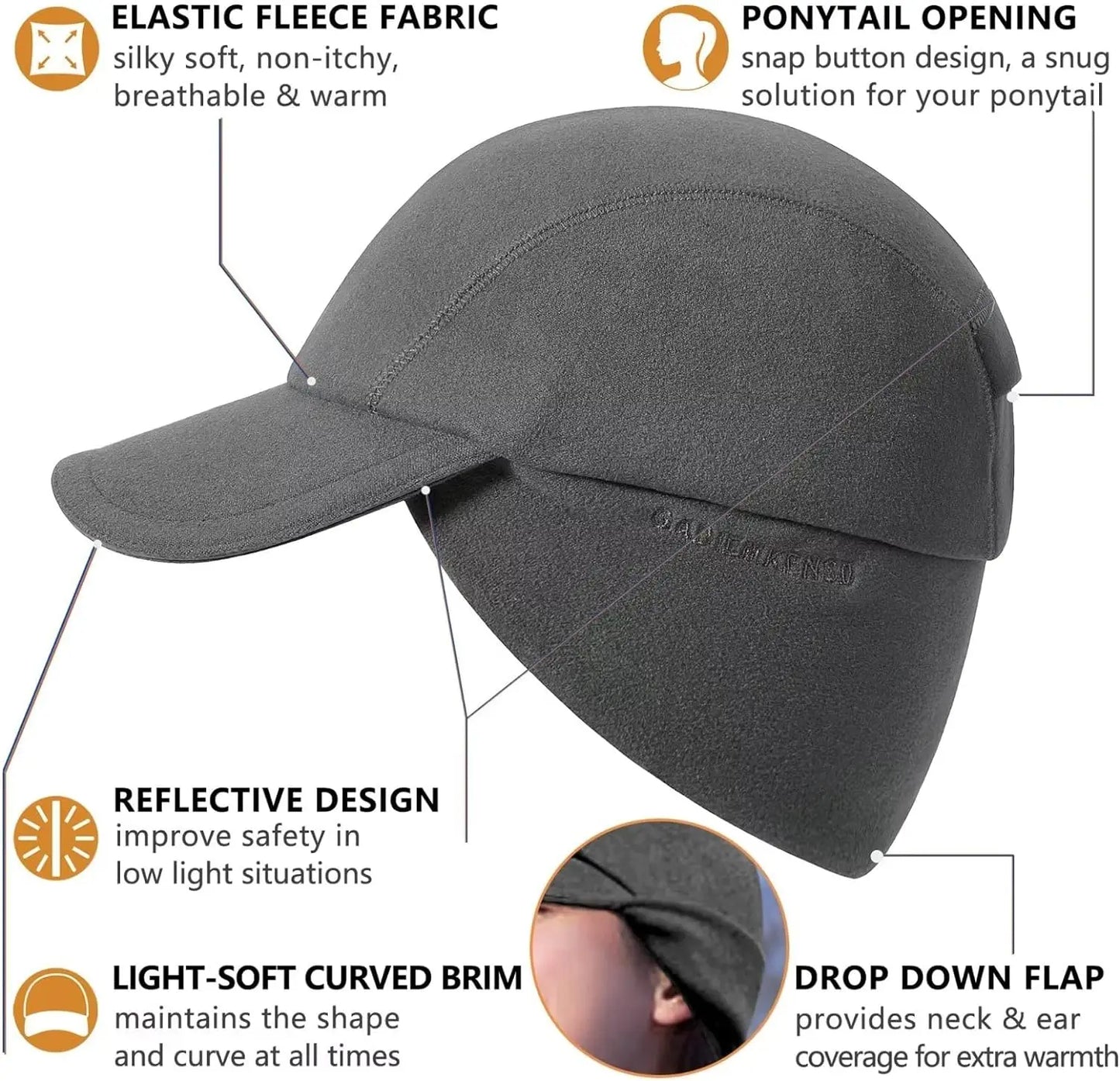 Women's Fleece Ponytail Hat with Ear Warmers & Reflective Cap