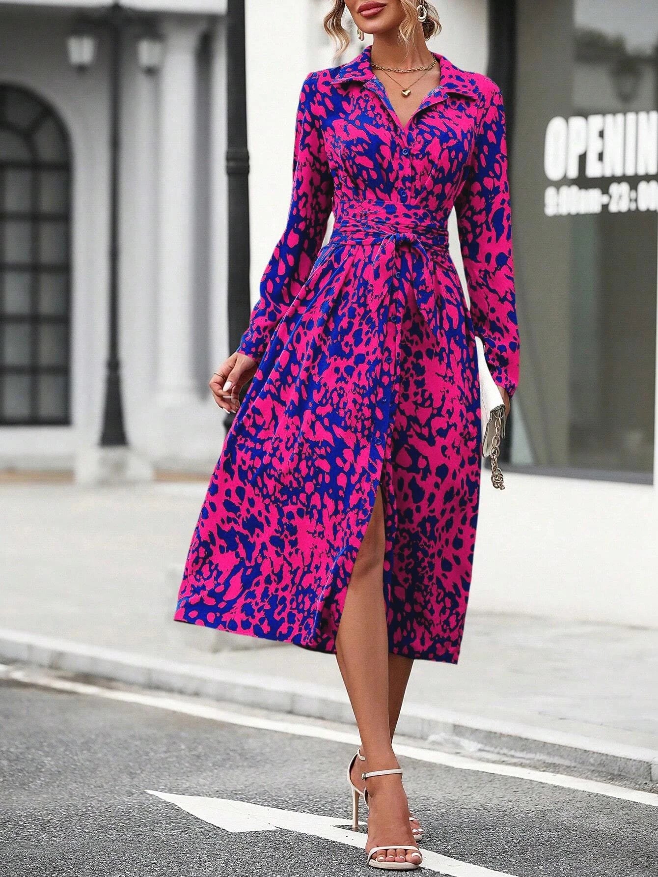 Elegant Print Belted Midi Dress