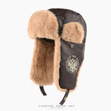 Vintage PU Leather Aviator Bomber Hat Russian Style Thermal Faux Fur Trooper Caps Outdoor Winter Skiing Windproof Helmet Bonnet