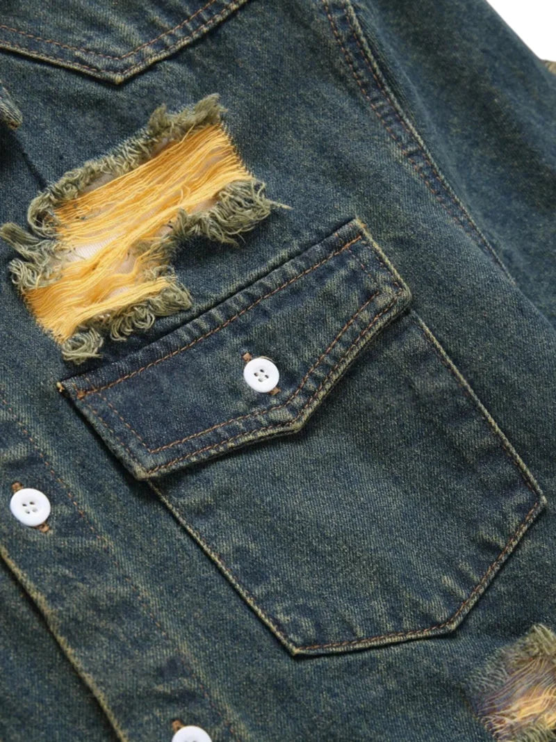 Men's Dark Denim Blue Vintage Ripped Short Sleeve Denim Shirt, Casual Lapel Denim Top With Pockets For Summer