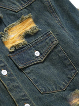 Men's Dark Denim Blue Vintage Ripped Short Sleeve Denim Shirt, Casual Lapel Denim Top With Pockets For Summer