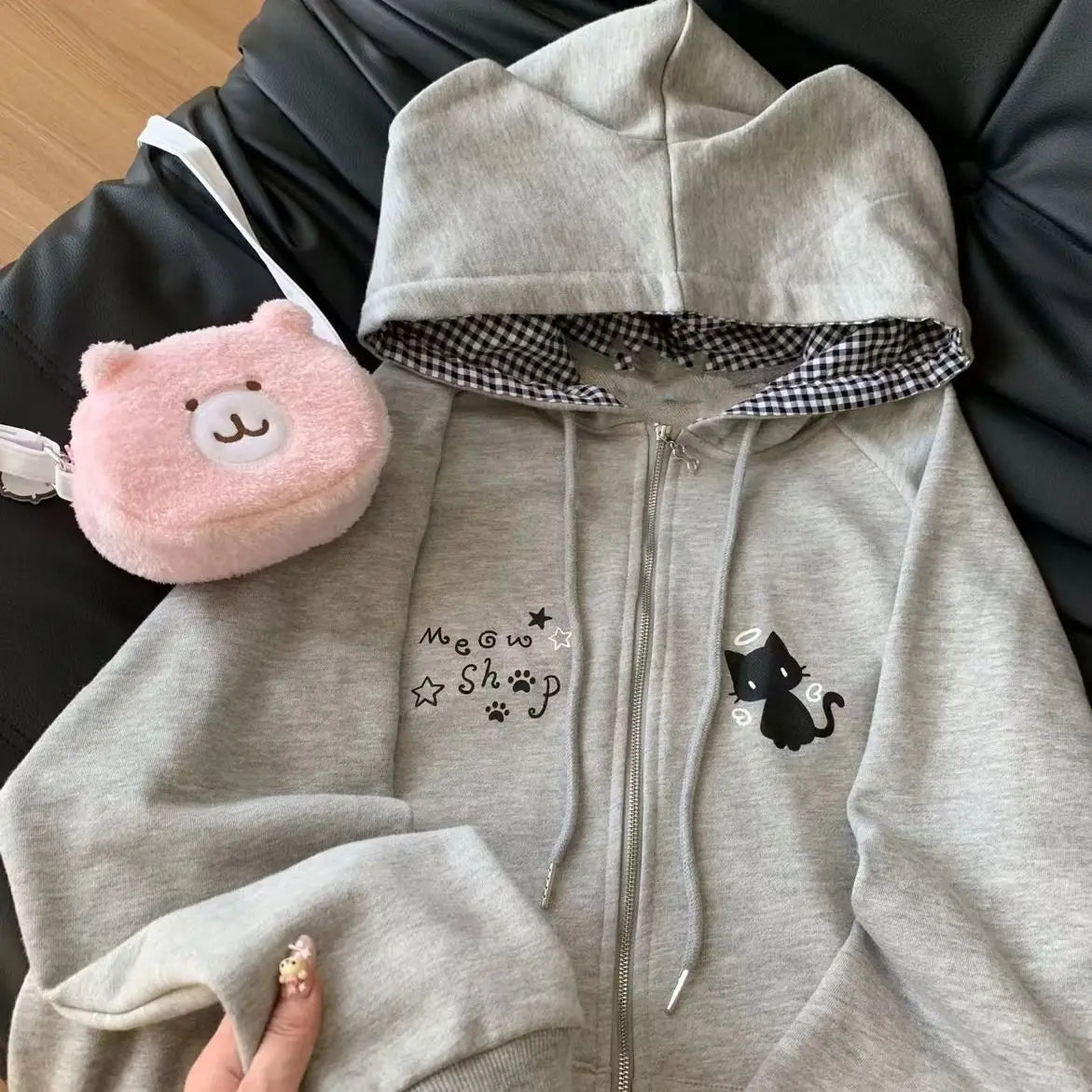 Women's Cute Cat Print Relaxed Zip-Up Hoodie