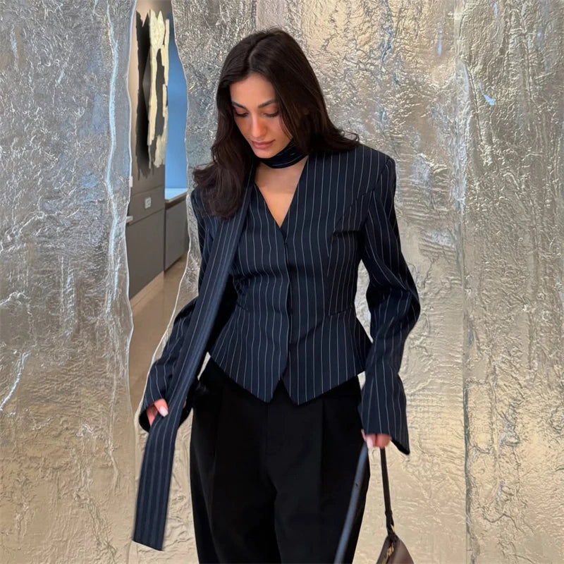 Tuularose 3 Piece Dress Set Women Elegant V-Neck Striped Ribbon Blazer Slim Short Dress Set Fashion Luxury Women Party Dress Set