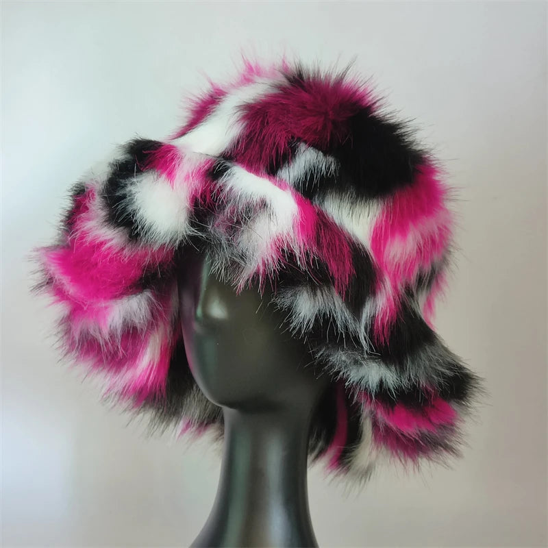 1pcs Winter Faux Fur Bucket Hat Warm Fluffy Plush colorful soft Winter hat Personality fur Fisherman Hats for women Plush hat겨