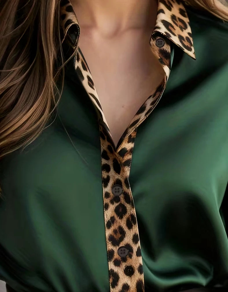 Women's Long-Sleeve Leopard Trim Loose-Fit Button-Down Blouse