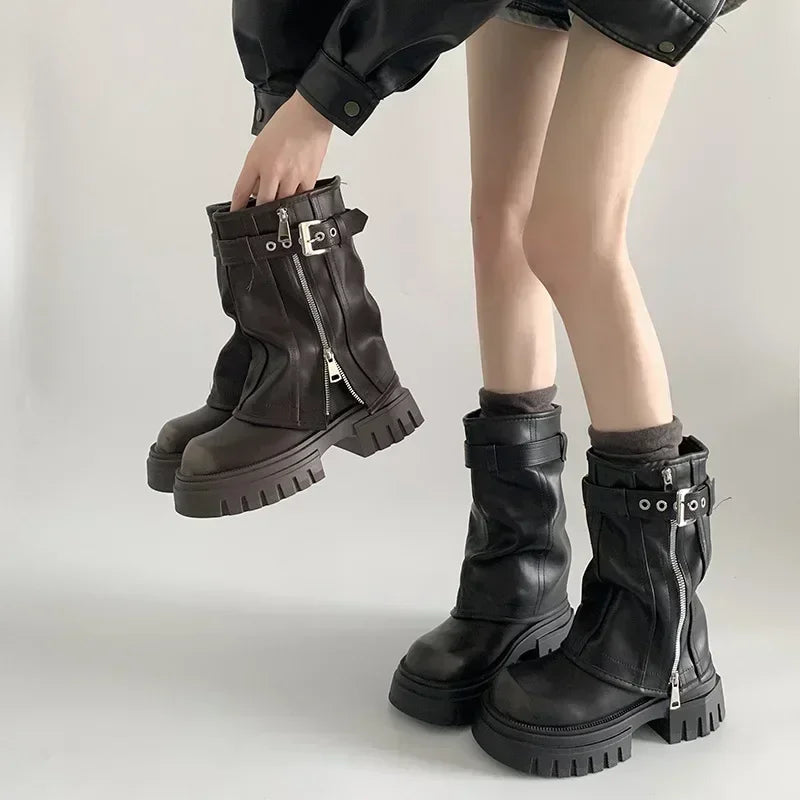 Women's Biker Boots – Belt Buckle Platform Mid-Calf