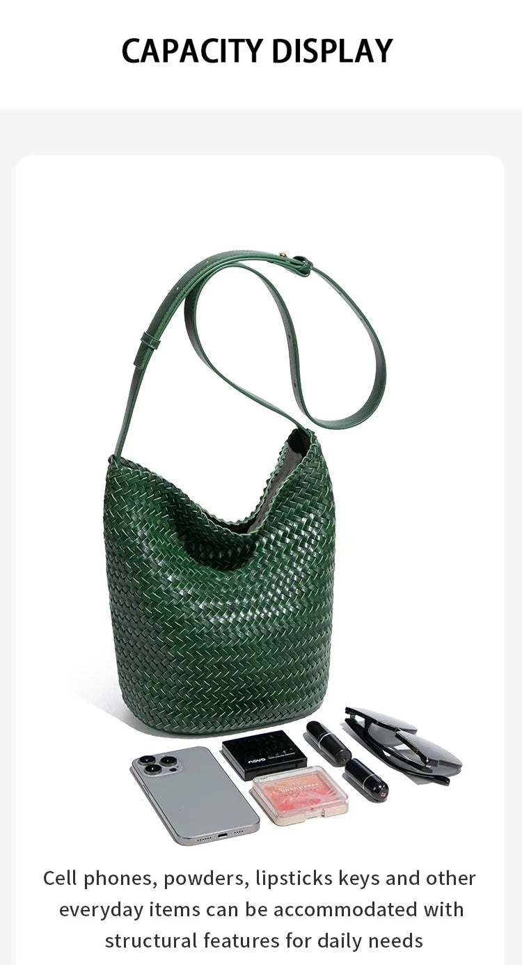 Luxury Women's Shopping Bag New High-End Hand-Woven Leather Bucket Bag Large-Capacity Shoulder Messenger Bag Commuter Tote Bag